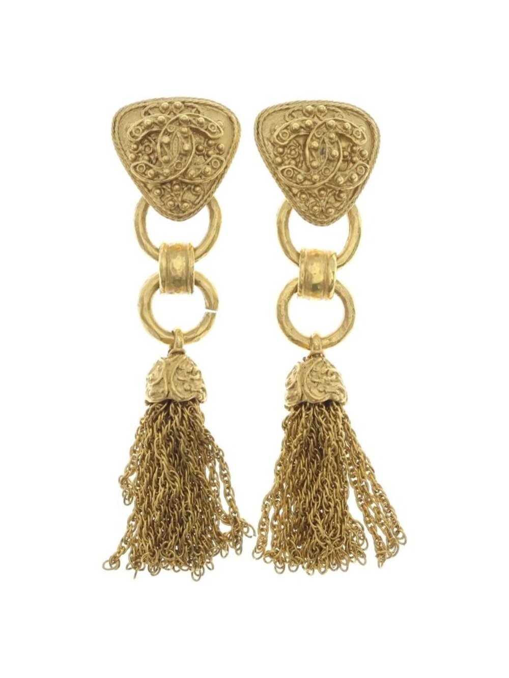 Chanel CC Logo Lava Chain Fringe Earrings Gold